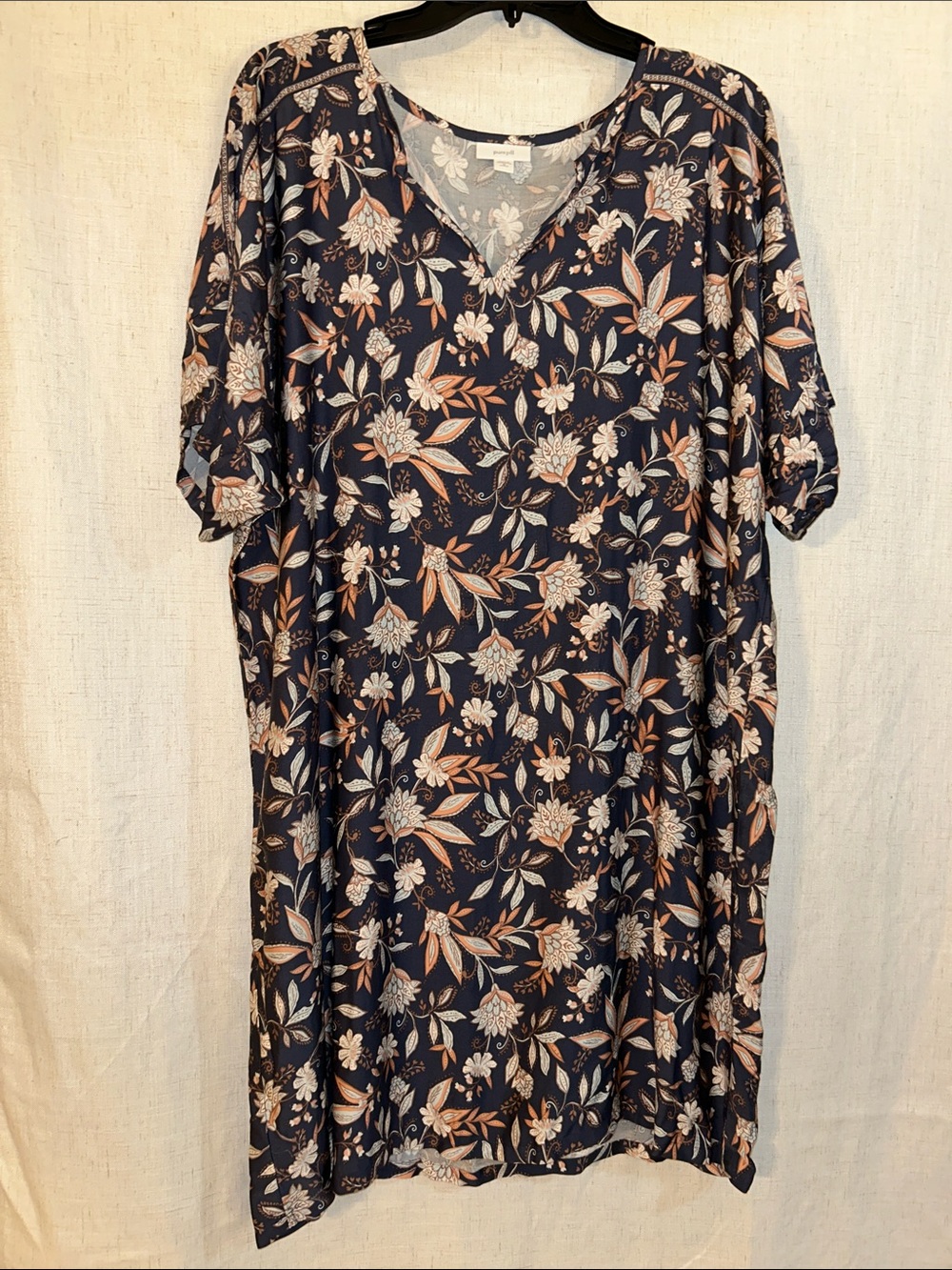 Pure Jill Navy Floral V-Neck Midi Dress with Peach Accents